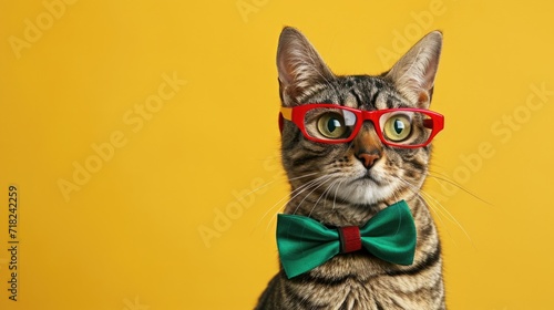 A cat wearing glasses and a bow tie. Suitable for various occasions and themes