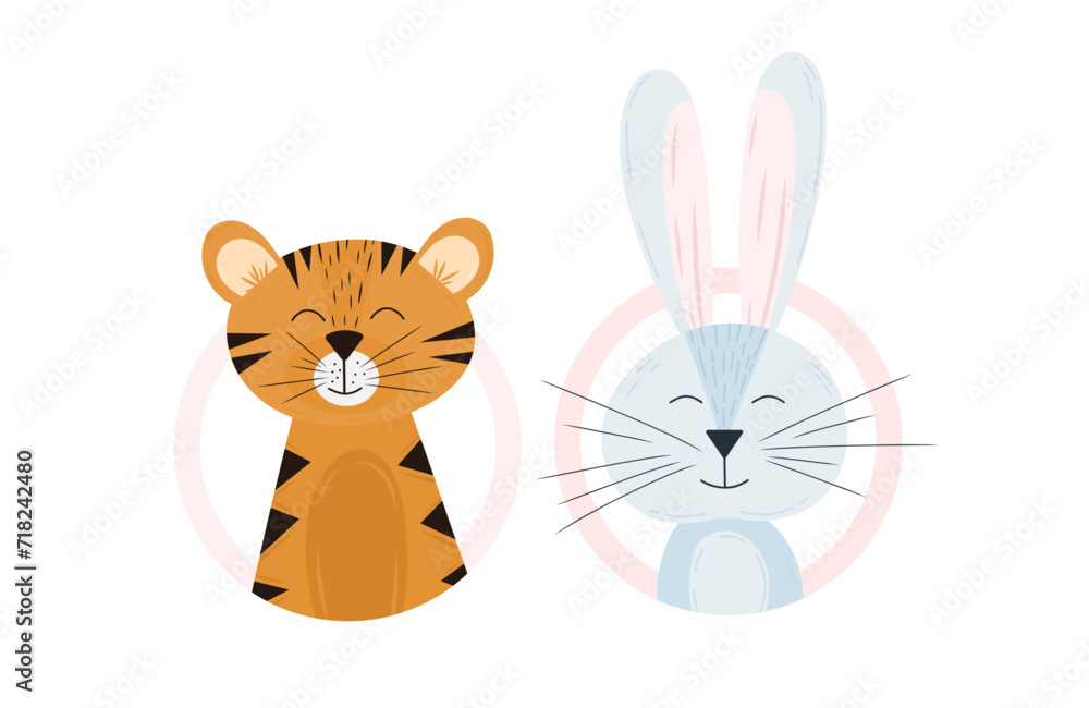 Cute cartoon tiger and elephant set on isolated background. Children's theme. For cartoon characters, postcards, posters.