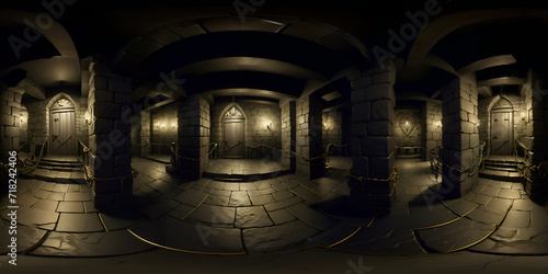 Full 360 degrees seamless spherical panorama HDRI equirectangular projection of Dark Old Vaulted Catacomb Dungeon. Texture environment map for lighting and reflection source rendering 3d scenes. photo