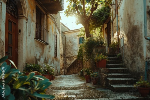 A picturesque narrow alley with a tree in the middle. This image can be used to depict a serene and quaint street scene
