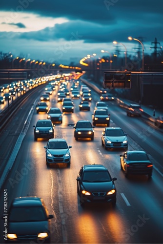 A busy highway filled with lots of cars driving down it. Perfect for illustrating traffic congestion and urban transportation