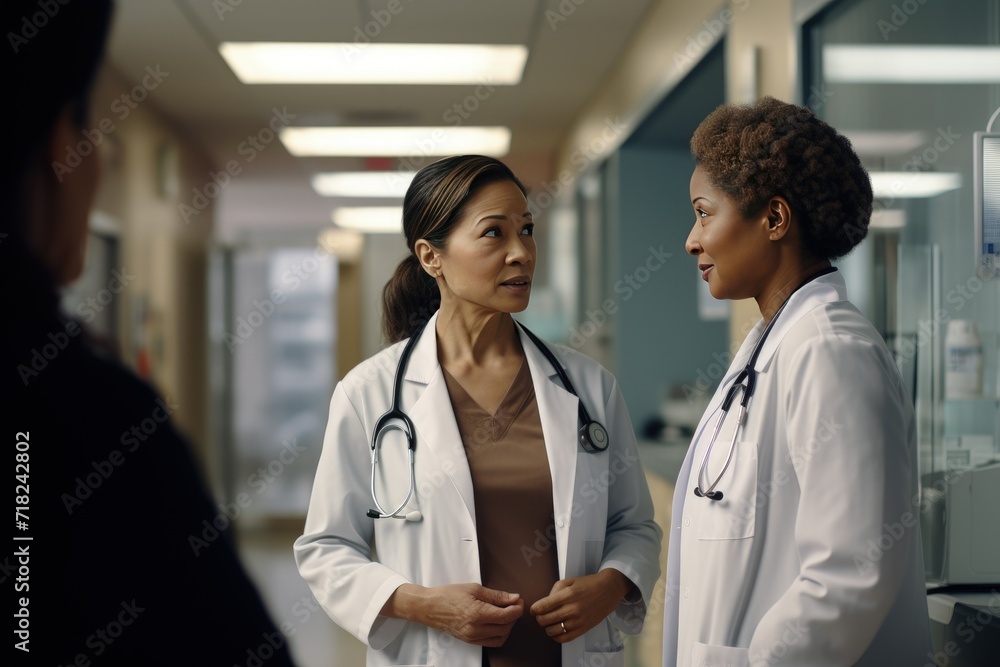 Healthcare Professionals Engaged in Medical Discussion. Two healthcare professionals stand engaged in a thoughtful medical discussion in a hospital hallway. Healthcare Professionals Engaged in Medical Discussion. Two healthcare professionals stand engaged in a thoughtful medical discussion in a hospital hallway.