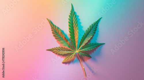 Cannabis indica leaf illuminated by a kaleidoscopic rainbow reflection. 4:20 day, cannabis liberalization and legalization concept. Growing medical marijuana.