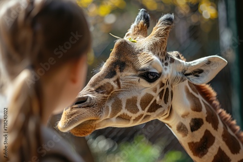 A close-up view of a giraffe's face with a woman in the background. Suitable for wildlife and nature-themed projects © Fotograf