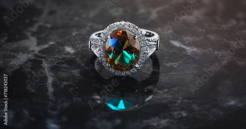 lussuoso e pregiato anello con gemma incastonata appoggiato su una superficie in marmo scuro
