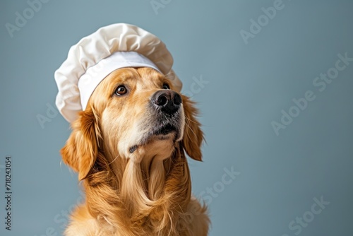 A picture of a golden retriever dog wearing a chef's hat. Can be used for food-related designs or as a cute and funny image for various purposes
