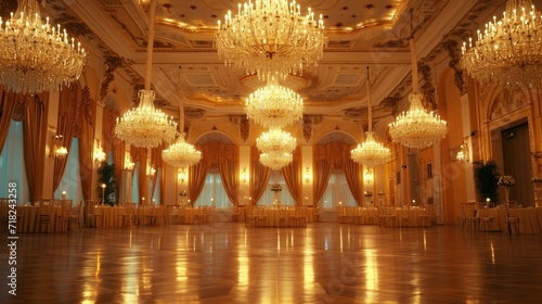 A spacious ballroom with stunning chandeliers and beautifully set tables. Perfect for upscale events and elegant occasions photo