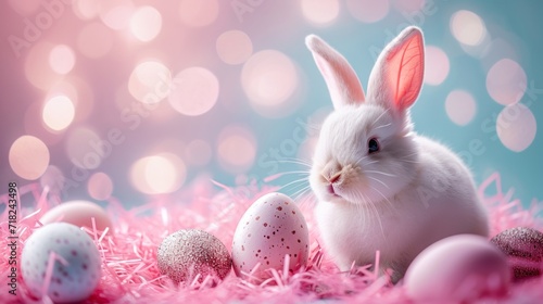 Adorable Easter Bunny with Colorful Easter Eggs AI Generated © Alex
