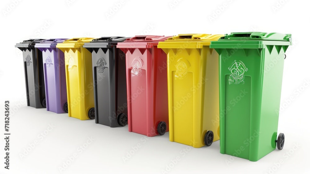A row of colorful trash cans lined up next to each other. Perfect for illustrating waste management or recycling concepts A row of colorful trash cans lined up next to each other. Perfect for illustrating waste management or recycling concepts