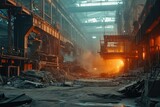 An industrial factory filled with various machinery and surrounded by rubble. Suitable for illustrating manufacturing processes or showcasing the effects of industrial decay