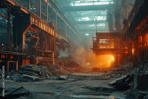 An industrial factory filled with various machinery and surrounded by rubble. Suitable for illustrating manufacturing processes or showcasing the effects of industrial decay