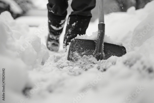 A person is using a shovel to remove snow. This image can be used to depict winter activities or snow removal