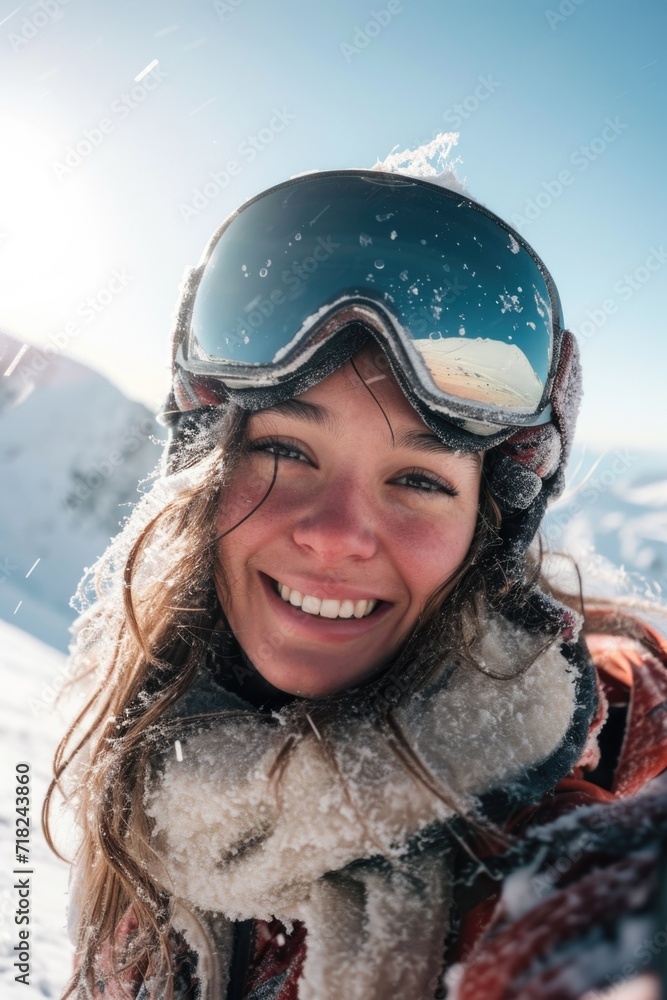 A woman capturing a selfie in a snowy landscape. Ideal for social media posts and winter-themed projects A woman capturing a selfie in a snowy landscape. Ideal for social media posts and winter-themed projects