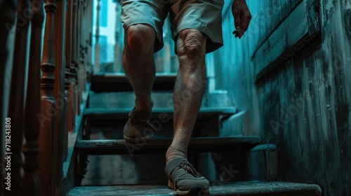 A man is seen walking up a set of stairs. This image can be used to depict progress, determination, or overcoming challenges