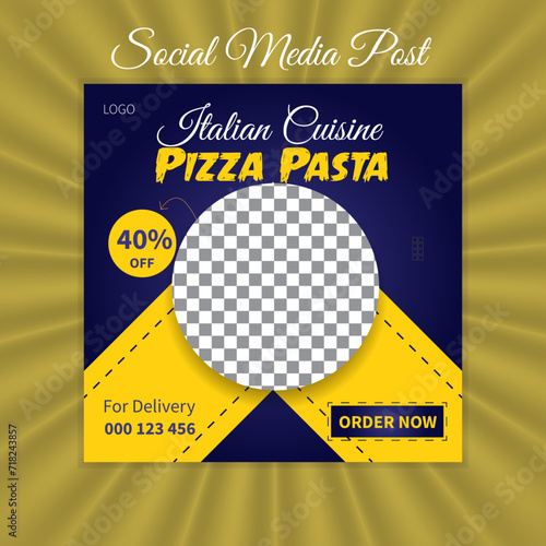 Delicious pizza pasta social media post design in square size, delicious food social medial post design template, creative modern social media post design