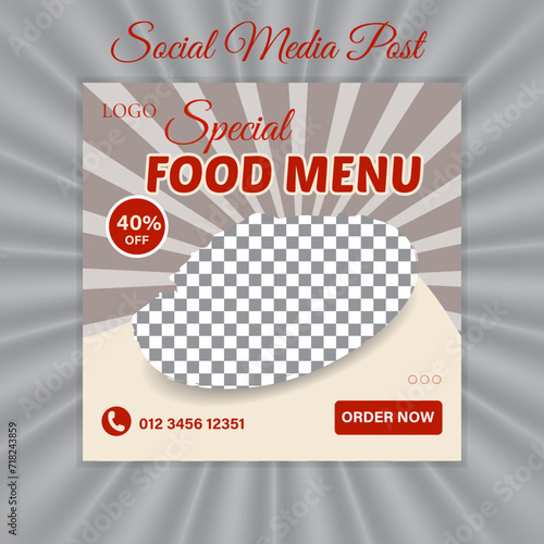 Food menu social media post design in square size,, delicious food social medial post design template, creative modern social media post design