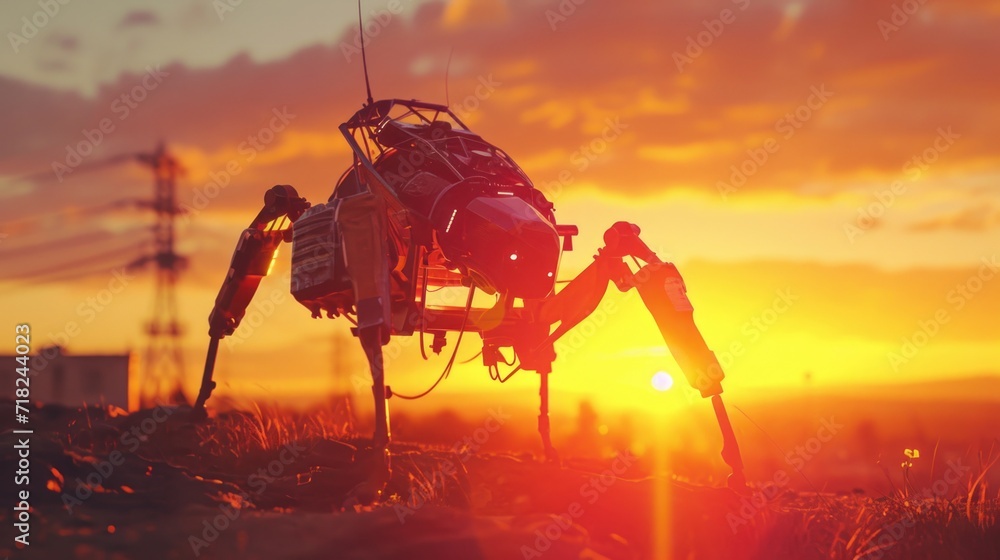 Fototapeta premium A small robot sitting on top of a grass covered field. Suitable for technology or futuristic concepts