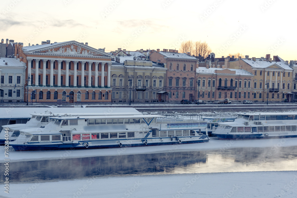 Embankment with boats and historical residential buildings, St.Petersburg