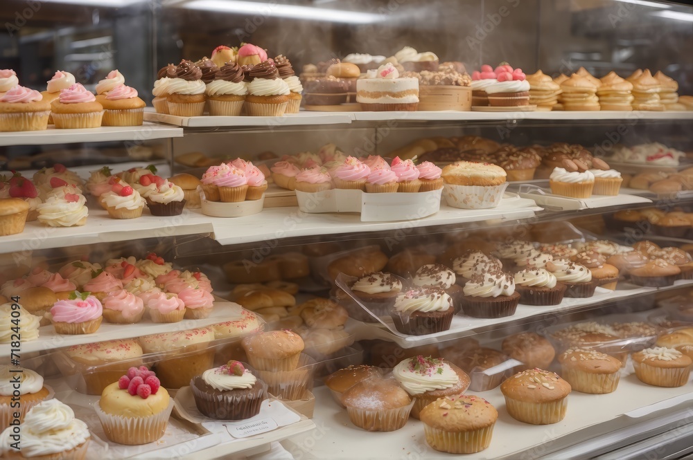  bakery store with a variety of cupcakes. showcase of bakery with muffines