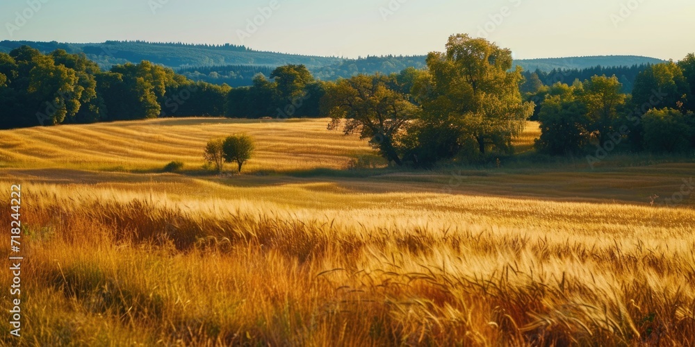 A picture showcasing a field of grass with trees in the background. Suitable for various uses