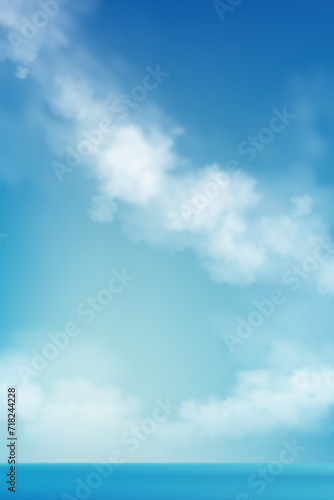 Sky Blue,Cloud Background,Horizon Spring Clear Sky in Morning by the beach,Vector illustration vertical Scene landscape nature sunrise in Summer,Backdrop banner white clouds over ocean blue