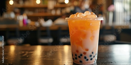 A plastic cup of bubble tea placed on a table. Ideal for showcasing the popular drink in various settings