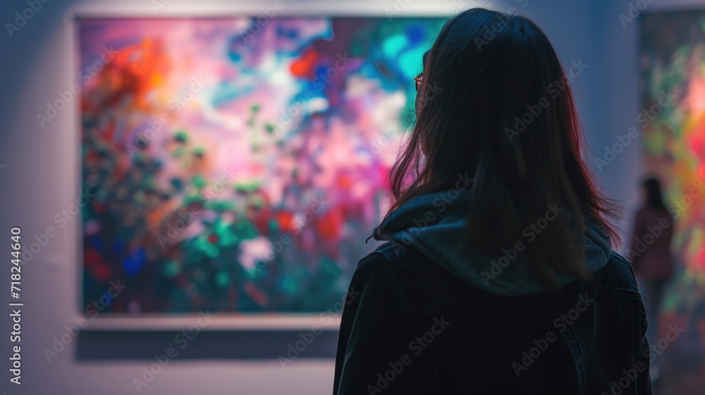 A woman stands in front of a painting, contemplating its beauty. Ideal for art enthusiasts or interior design concepts A woman stands in front of a painting, contemplating its beauty. Ideal for art enthusiasts or interior design concepts
