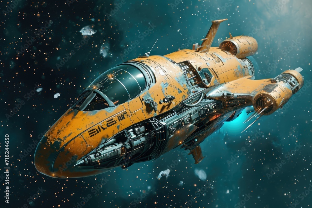 A large yellow space ship floating in space. Can be used to depict futuristic space travel or science fiction themes A large yellow space ship floating in space. Can be used to depict futuristic space travel or science fiction themes