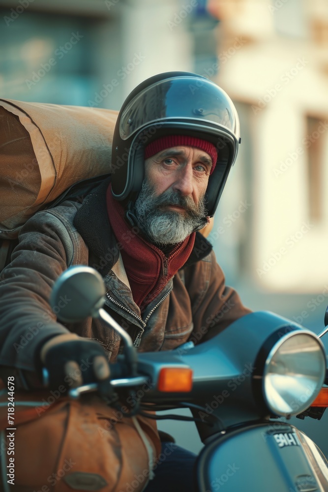 A man is pictured riding a motorcycle with a large bag on his back. This image can be used to represent transportation, travel, adventure, or a delivery service A man is pictured riding a motorcycle with a large bag on his back. This image can be used to represent transportation, travel, adventure, or a delivery service