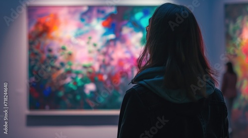 A woman stands in front of a painting, contemplating its beauty. Ideal for art enthusiasts or interior design concepts