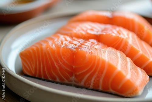 A simple and elegant image featuring three pieces of salmon arranged on a white plate. Perfect for food blogs, restaurant menus, and healthy eating articles