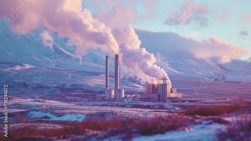 A picture of a large factory with smoke billowing out of its stacks. This image can be used to depict industrialization, pollution, or manufacturing processes