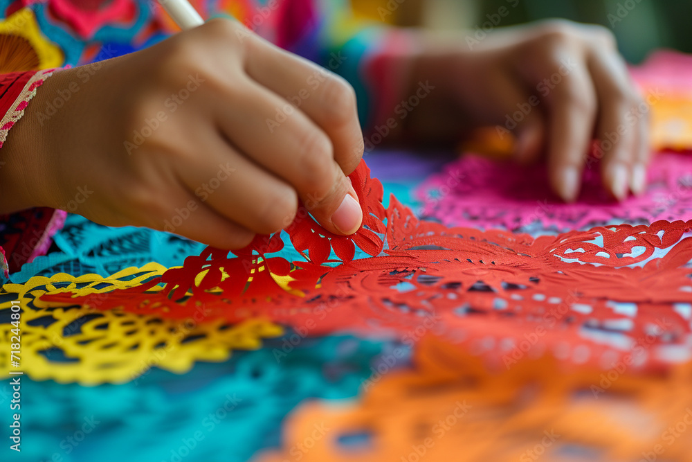 Close-up of hands crafting intricate papel picado decorations, highlighting the artistic expressions and care and love, faith and traditions, family values associated with Cinco de Close-up of hands crafting intricate papel picado decorations, highlighting the artistic expressions and care and love, faith and traditions, family values associated with Cinco de
