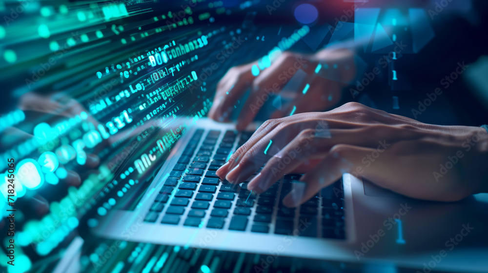 Close up person typing on a laptop, double exposure technology coding background Close up person typing on a laptop, double exposure technology coding background
