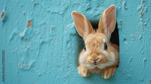 Curious Rabbit Peeking Out of Blue Wall AI Generated