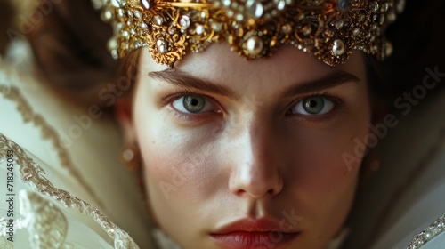 A close-up shot of a woman wearing a crown. This image can be used to depict royalty, beauty, elegance, or a queen