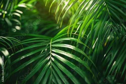 A close up view of a vibrant green palm leaf. This image can be used to add a tropical touch to any project or design