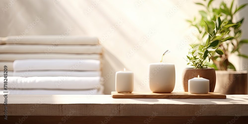 Defocused bathroom with a wooden podium for spa products.