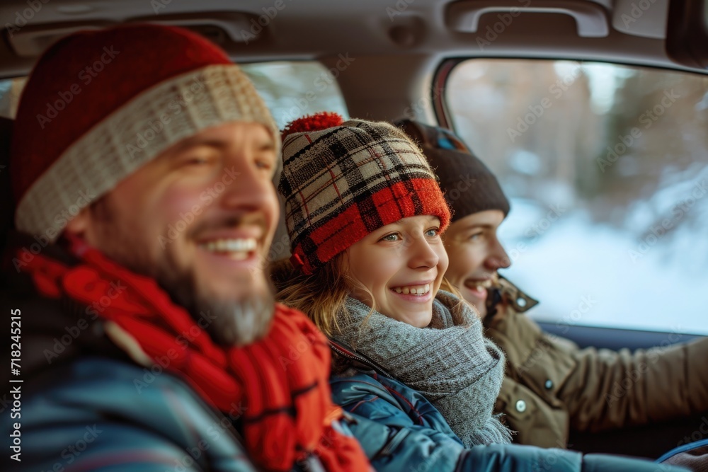 A group of people sitting in a car surrounded by snow. Perfect for winter-themed projects and travel advertisements