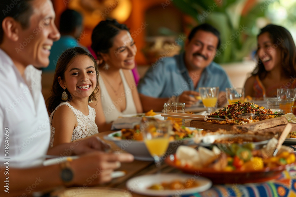 Families enjoying a festive meal together with traditional Mexican dishes, showcasing the togetherness and care and love, faith and traditions, family values of Cinco de Mayo