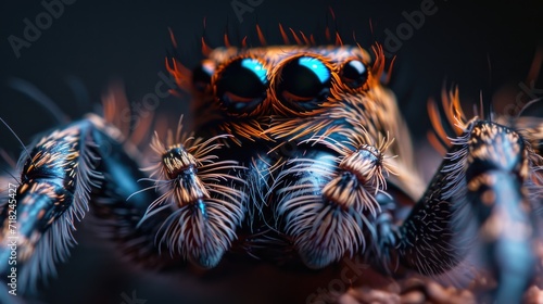 A detailed close-up view of a spider with striking blue eyes. Perfect for nature enthusiasts and educational materials © Fotograf