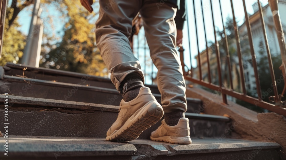 A person is seen walking up a set of stairs. This image can be used to depict progress, determination, or reaching a higher level A person is seen walking up a set of stairs. This image can be used to depict progress, determination, or reaching a higher level