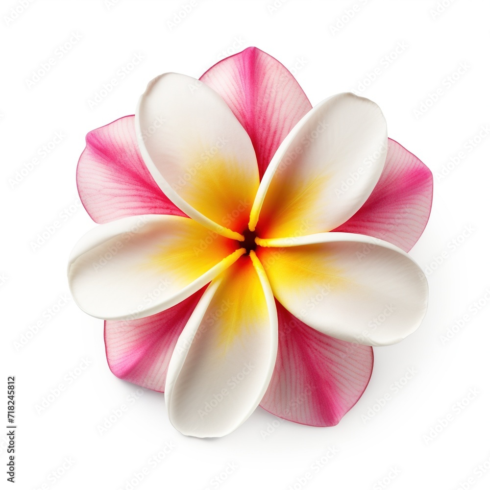 A single piece of plumeria top view isolated on white background A single piece of plumeria top view isolated on white background