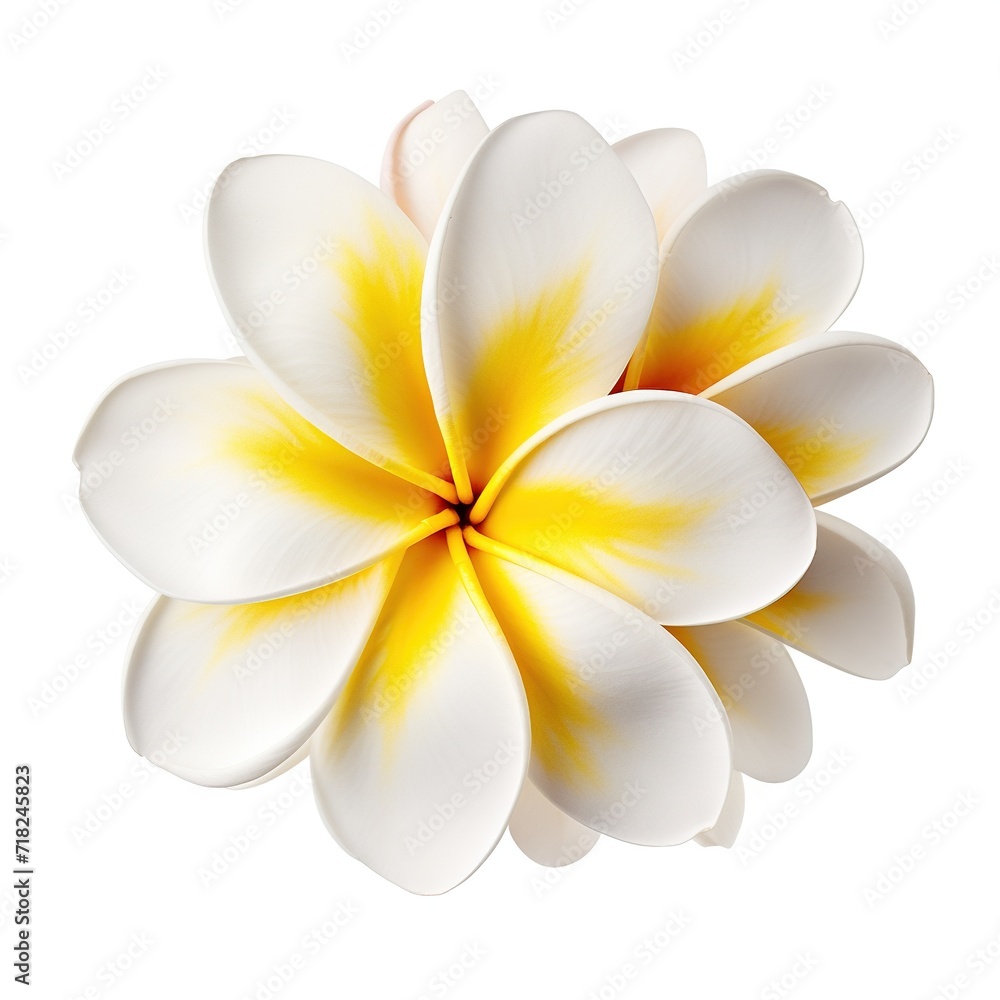 A single piece of plumeria top view isolated on white background A single piece of plumeria top view isolated on white background