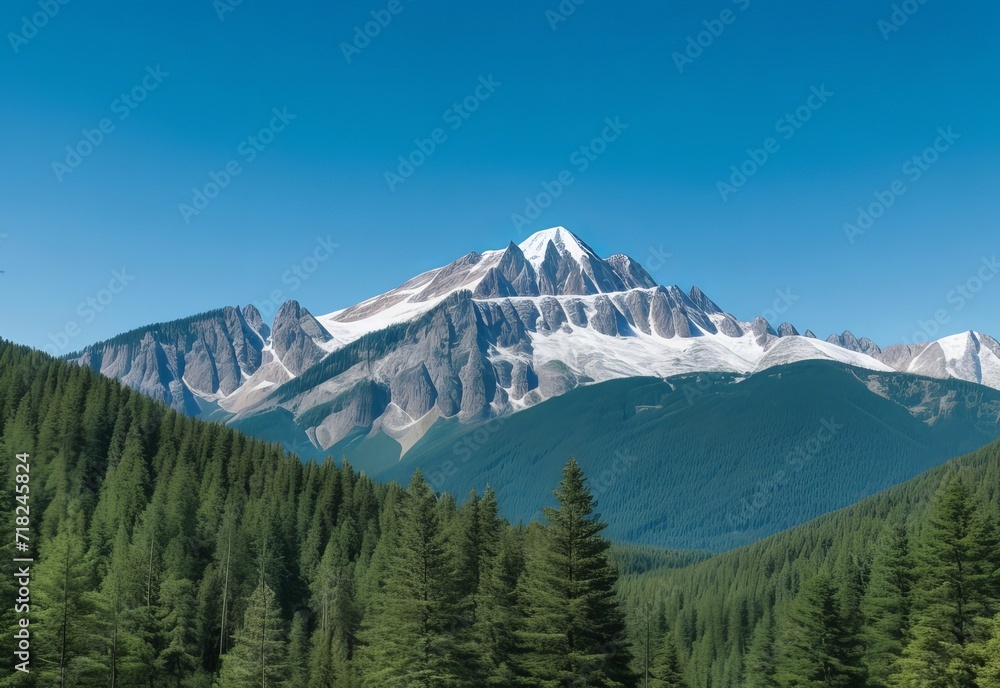 Obraz premium Mountain covered by forest and a blue sky