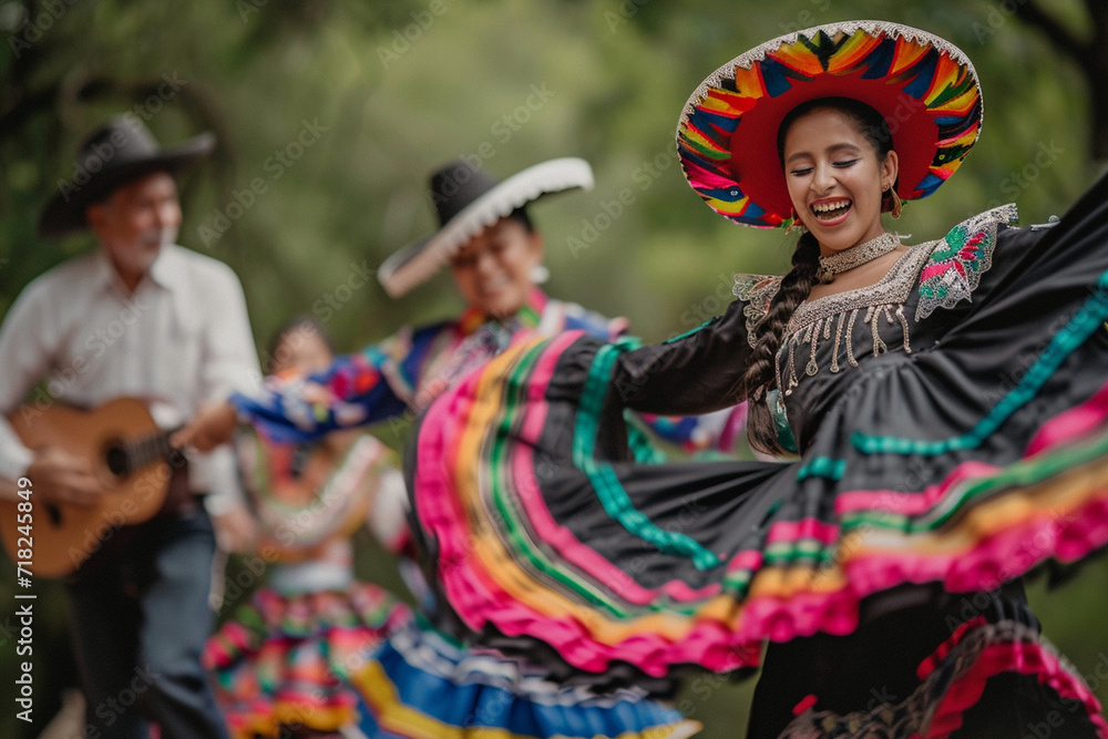 A family enjoying a traditional Mexican dance performance outdoors, showcasing the cultural richness and care and love, faith and traditions, family values of Cinco de Mayo