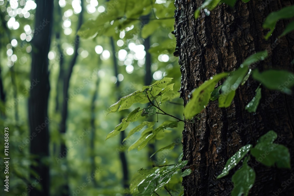 Fototapeta premium A close-up view of a tree trunk in a forest. This image can be used to depict the beauty of nature and the intricate details of trees.