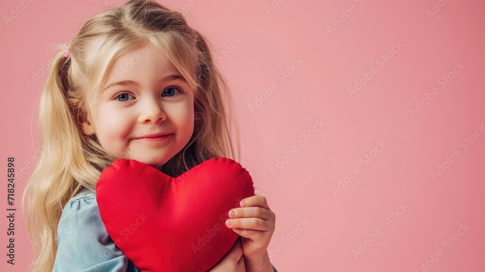 little blond girl hold big red heart, isolated on pink pastel background little blond girl hold big red heart, isolated on pink pastel background