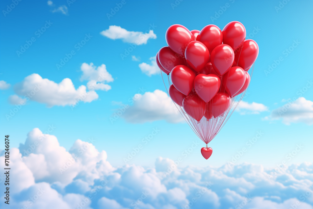 a large red balloon in the shape of a heart and many small ones in the blue sky, 3D illustration