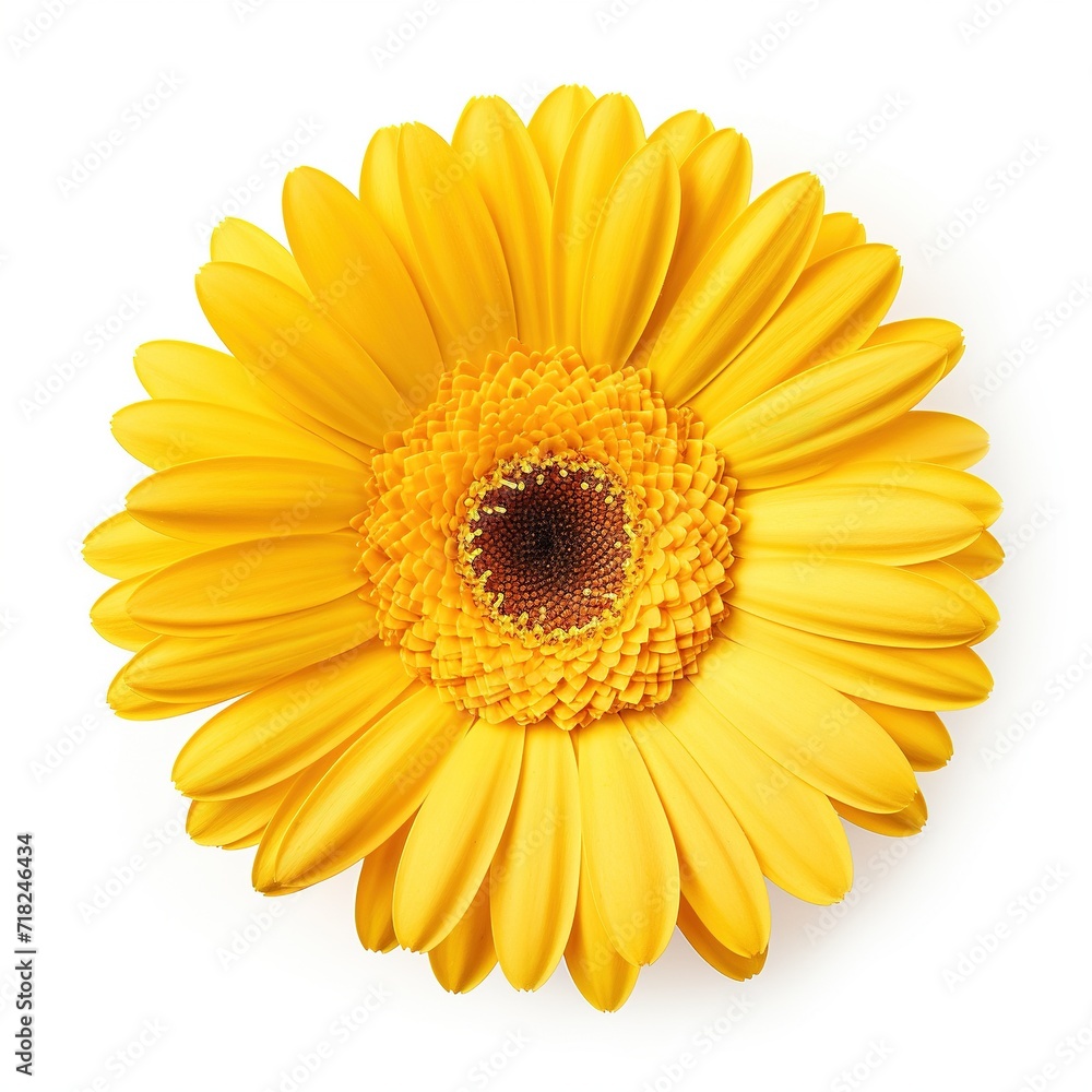 A single piece of yellow gerbera top view isolated on white background A single piece of yellow gerbera top view isolated on white background
